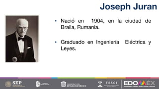 Joseph Juran
▪ Nació en 1904, en la ciudad de
Braila, Rumania.
▪ Graduado en Ingeniería Eléctrica y
Leyes.
 