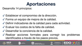 Desarrolla 14 principios:
✔ Establecer el compromiso de la dirección.
✔ Forma un equipo de mejora de la calidad.
✔ Definir indicadores de la calidad para cada actividad.
✔ Evaluar los costos de la falta de calidad.
✔ Desarrollar la conciencia de la calidad.
✔ Realizar acciones formales para corregir los problemas
identificados a través de los pasos previos.
Aportaciones
 