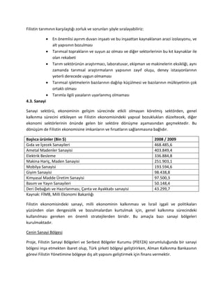 Filistin tarımının karşılaştığı zorluk ve sorunları şöyle sıralayabiliriz:
En önemlisi ayırım duvarı inşaatı ve bu inşaattan kaynaklanan arazi izolasyonu, ve
alt yapısının bozulması
Tarımsal toprakların ve suyun az olması ve diğer sektorlerinin bu kıt kaynaklar ile
olan rekabeti
Tarım sektörünün araştırmacı, laboratuvar, ekipman ve makinelerin eksikliği, aynı
zamanda tarımsal araştırmaların yapısının zayıf oluşu, deney istasyonlarının
yeterli derecede uygun olmaması
Tarımsal işletmelerin bazılarının dağılıp küçülmesi ve bazılarının mülkiyetinin çok
ortaklı olması
Tarımla ilgili yasaların uyarlanmış olmaması
4.3. Sanayi
Sanayi sektörü, ekonominin gelişim sürecinde etkili olmayan körelmiş sektörden, genel
kalkınma sürecini etkileyen ve Filistin ekonomisindeki yapısal bozuklukları düzeltecek, diğer
ekonomi sektörlerinin önünde gelen bir sektöre dönüşme aşamasından geçmektedir. Bu
dönüşüm de Filistin ekonomisine imkanların ve fırsatların sağlanmasına bağlıdır.
Başlıca ürünler (Bin $) 2008 / 2009
Gıda ve İçecek Sanayileri 468.485,6
Ametal Madenler Sanayisi 403.849,4
Elektrik Besleme 336.884,8
Makina Hariç, Maden Sanayisi 251.903,1
Mobilya Sanayisi 193.594,6
Giyim Sanayisi 98.438,8
Kimyasal Madde Üretim Sanayisi 97.500,3
Basım ve Yayın Sanayileri 50.148,4
Deri Debağatı ve Hazırlanması, Çanta ve Ayakkabı sanayisi 43.299,7
Kaynak: FİMB, Milli Ekonomi Bakanlığı
Filistin ekonomisindeki sanayi, milli ekonominin kalkınması ve İsrail işgali ve politikaları
yüzünden olan dengesizlik ve bozulmalardan kurtulmak için, genel kalkınma sürecindeki
kullanılması gereken en önemli stratejilerden biridir. Bu amaçla bazı sanayi bölgeleri
kurulmaktadır.
Cenin Sanayi Bölgesi
Proje, Filistin Sanayi Bölgeleri ve Serbest Bölgeler Kurumu (PİEFZA) sorumluluğunda bir sanayi
bölgesi inşa etmekten ibaret olup, Türk şirketi bölgeyi geliştirirken, Alman Kalkınma Bankasının
görevi Filistin Yönetimine bölgeye dış alt yapısını geliştirmek için finans vermektir.
 