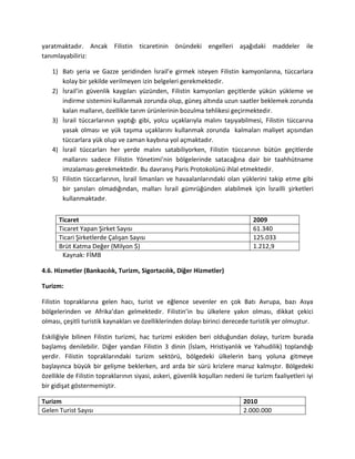 yaratmaktadır. Ancak Filistin ticaretinin önündeki engelleri aşağıdaki maddeler ile
tanımlayabiliriz:
1) Batı şeria ve Gazze şeridinden İsrail’e girmek isteyen Filistin kamyonlarına, tüccarlara
kolay bir şekilde verilmeyen izin belgeleri gerekmektedir.
2) İsrail’in güvenlik kaygıları yüzünden, Filistin kamyonları geçitlerde yükün yükleme ve
indirme sistemini kullanmak zorunda olup, güneş altında uzun saatler beklemek zorunda
kalan malların, özellikle tarım ürünlerinin bozulma tehlikesi geçirmektedir.
3) İsrail tüccarlarının yaptığı gibi, yolcu uçaklarıyla malını taşıyabilmesi, Filistin tüccarına
yasak olması ve yük taşıma uçaklarını kullanmak zorunda kalmaları maliyet açısından
tüccarlara yük olup ve zaman kaybına yol açmaktadır.
4) İsrail tüccarları her yerde malını satabiliyorken, Filistin tüccarının bütün geçitlerde
mallarını sadece Filistin Yönetimi’nin bölgelerinde satacağına dair bir taahhütname
imzalaması gerekmektedir. Bu davranış Paris Protokolünü ihlal etmektedir.
5) Filistin tüccarlarının, İsrail limanları ve havaalanlarındaki olan yüklerini takip etme gibi
bir şansları olmadığından, malları İsrail gümrüğünden alabilmek için İsrailli şirketleri
kullanmaktadır.
Kaynak: FİMB
4.6. Hizmetler (Bankacılık, Turizm, Sigortacılık, Diğer Hizmetler)
Turizm:
Filistin topraklarına gelen hacı, turist ve eğlence sevenler en çok Batı Avrupa, bazı Asya
bölgelerinden ve Afrika’dan gelmektedir. Filistin’in bu ülkelere yakın olması, dikkat çekici
olması, çeşitli turistik kaynakları ve özelliklerinden dolayı birinci derecede turistik yer olmuştur.
Eskiliğiyle bilinen Filistin turizmi, hac turizmi eskiden beri olduğundan dolayı, turizm burada
başlamış denilebilir. Diğer yandan Filistin 3 dinin (İslam, Hristiyanlık ve Yahudilik) toplandığı
yerdir. Filistin topraklarındaki turizm sektörü, bölgedeki ülkelerin barış yoluna gitmeye
başlayınca büyük bir gelişme beklerken, ard arda bir sürü krizlere maruz kalmıştır. Bölgedeki
özellikle de Filistin topraklarının siyasi, askeri, güvenlik koşulları nedeni ile turizm faaliyetleri iyi
bir gidişat göstermemiştir.
Turizm 2010
Gelen Turist Sayısı 2.000.000
Ticaret 2009
Ticaret Yapan Şirket Sayısı 61.340
Ticari Şirketlerde Çalışan Sayısı 125.033
Brüt Katma Değer (Milyon $) 1.212,9
 