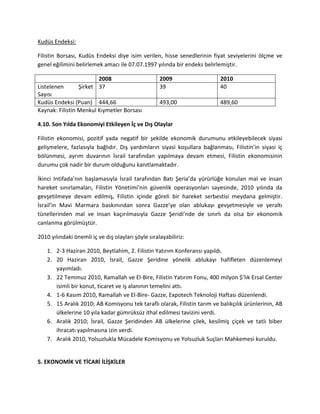 Kudüs Endeksi:
Filistin Borsası, Kudüs Endeksi diye isim verilen, hisse senedlerinin fiyat seviyelerini ölçme ve
genel eğilimini belirlemek amacı ile 07.07.1997 yılında bir endeks belirlemiştir.
2008 2009 2010
Listelenen Şirket
Sayısı
37 39 40
Kudüs Endeksi (Puan) 444,66 493,00 489,60
Kaynak: Filistin Menkul Kıymetler Borsası
4.10. Son Yılda Ekonomiyi Etkileyen İç ve Dış Olaylar
Filistin ekonomisi, pozitif yada negatif bir şekilde ekonomik durumunu etkileyebilecek siyasi
gelişmelere, fazlasıyla bağlıdır. Dış yardımların siyasi koşullara bağlanması, Filistin’in siyasi iç
bölünmesi, ayrım duvarının İsrail tarafından yapılmaya devam etmesi, Filistin ekonomisinin
durumu çok nadir bir durum olduğunu kanıtlamaktadır.
İkinci Intifada’nın başlamasıyla İsrail tarafından Batı Şeria’da yürürlüğe konulan mal ve insan
hareket sınırlamaları, Filistin Yönetimi’nin güvenlik operasyonları sayesinde, 2010 yılında da
gevşetilmeye devam edilmiş, Filistin içinde göreli bir hareket serbestisi meydana gelmiştir.
İsrail’in Mavi Marmara baskınından sonra Gazze’ye olan ablukayı gevşetmesiyle ve yeraltı
tünellerinden mal ve insan kaçırılmasıyla Gazze Şeridi’nde de sınırlı da olsa bir ekonomik
canlanma görülmüştür.
2010 yılındaki önemli iç ve dış olayları şöyle sıralayabiliriz:
1. 2-3 Haziran 2010, Beytlahim, 2. Filistin Yatırım Konferansı yapıldı.
2. 20 Haziran 2010, İsrail, Gazze Şeridine yönelik ablukayı hafifleten düzenlemeyi
yayımladı.
3. 22 Temmuz 2010, Ramallah ve El-Bire, Filistin Yatırım Fonu, 400 milyon $’lık Ersal Center
isimli bir konut, ticaret ve iş alanının temelini attı.
4. 1-6 Kasım 2010, Ramallah ve El-Bire- Gazze, Expotech Teknoloji Haftası düzenlendi.
5. 15 Aralık 2010; AB Komisyonu tek taraflı olarak, Filistin tarım ve balıkçılık ürünlerinin, AB
ülkelerine 10 yıla kadar gümrüksüz ithal edilmesi tavizini verdi.
6. Aralık 2010; İsrail, Gazze Şeridinden AB ülkelerine çilek, kesilmiş çiçek ve tatlı biber
ihracatı yapılmasına izin verdi.
7. Aralık 2010, Yolsuzlukla Mücadele Komisyonu ve Yolsuzluk Suçları Mahkemesi kuruldu.
5. EKONOMİK VE TİCARİ İLİŞKİLER
 