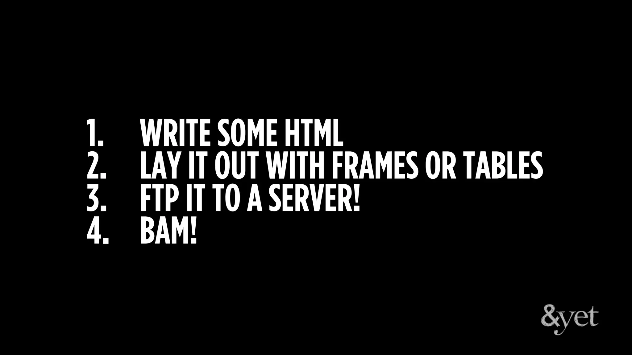 1. WRITE SOME HTML
2. LAY IT OUT WITH FRAMES OR TABLES
3. FTP IT TO A SERVER!
4. BAM!
 