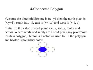 4-Connected Polygon
●
Assume the blue(middle) one is (x , y) then the north pixel is
(x,y+1), south (x,y-1), east is (x+1,y) and west is (x-1, y).
●
Initialize the value of seed point seedx, seedy, fcolor and
bcolor. Where seedx and seedy are a seed pixel(any pixel/point
inside a polygon), fcolor is a color we used to fill the polygon
and bcolor is boundary color.
14
 