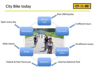 City Bike today
Bicycle
rent
City tours
Self-guided
tours
Daytours
Shop
Workshop
Over 200 bicycles
5 different tours
10 different routes
Open every day
Lahemaa National Park
Wide choice
Paldiski & Pakri Peninsula
 