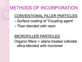 METHODS OF INCORPORATION
CONVENTIONAL FILLER PARTICLES
Surface coating of ‘Coupling agent’
Then blended with resin
MICROFILLER PARTICLES
Organic fillers + silane treated colloidal
silica blended with monomer
 