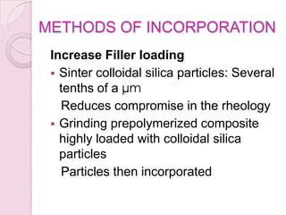 METHODS OF INCORPORATION
Increase Filler loading
 Sinter colloidal silica particles: Several
tenths of a µm
Reduces compromise in the rheology
 Grinding prepolymerized composite
highly loaded with colloidal silica
particles
Particles then incorporated
 