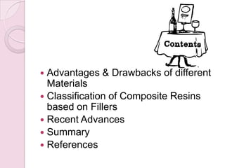  Advantages & Drawbacks of different
Materials
 Classification of Composite Resins
based on Fillers
 Recent Advances
 Summary
 References
 