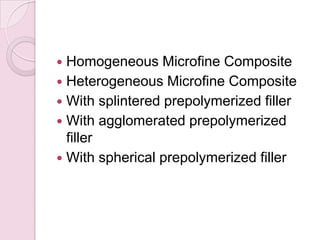  Homogeneous Microfine Composite
 Heterogeneous Microfine Composite
 With splintered prepolymerized filler
 With agglomerated prepolymerized
filler
 With spherical prepolymerized filler
 