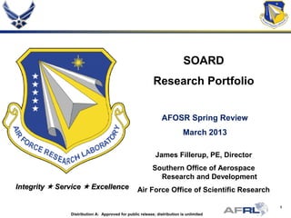 1
Integrity  Service  Excellence
Distribution A: Approved for public release; distribution is unlimited
SOARD
Research Portfolio
AFOSR Spring Review
March 2013
James Fillerup, PE, Director
Southern Office of Aerospace
Research and Development
Air Force Office of Scientific Research
 