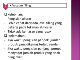 8 • Vacuum filling
Kelebihan:
- Pengisian akurat
- Lebih cepat daripada level filling yang
bekerja pada tekanan atmosfer
- Tidak ada kemasan yang rusak
 Kelemahan :
- Jika waktu pengisian pendek, jumlah
produk yang dikemas terlalu rendah.
- Jika waktu pengisian panjang, pompa
menyedot jumlah produk yang tidak
diinginkan
 