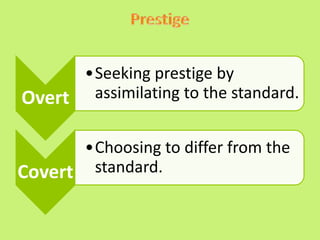 Overt
•Seeking prestige by
assimilating to the standard.
Covert
•Choosing to differ from the
standard.
 