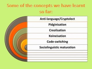Anti-language/Cryptolect
Pidginisation
Creolisation
Koineisation
Code-switching
Sociolinguistic maturation
 