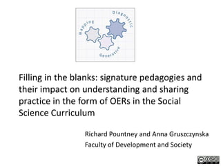 Filling in the blanks: signature pedagogies and
their impact on understanding and sharing
practice in the form of OERs in the Social
Science Curriculum

                Richard Pountney and Anna Gruszczynska
                Faculty of Development and Society
 
