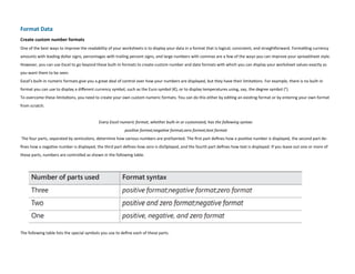 Format Data
Create custom number formats
One of the best ways to improve the readability of your worksheets is to display your data in a format that is logical, consistent, and straightforward. Formatting currency
amounts with leading dollar signs, percentages with trailing percent signs, and large numbers with commas are a few of the ways you can improve your spreadsheet style.
However, you can use Excel to go beyond these built-in formats to create custom number and date formats with which you can display your worksheet values exactly as
you want them to be seen.
Excel’s built-in numeric formats give you a great deal of control over how your numbers are displayed, but they have their limitations. For example, there is no built-in
format you can use to display a different currency symbol, such as the Euro symbol (€), or to display temperatures using, say, the degree symbol (°).
To overcome these limitations, you need to create your own custom numeric formats. You can do this either by editing an existing format or by entering your own format
from scratch.
Every Excel numeric format, whether built-in or customized, has the following syntax:
positive format;negative format;zero format;text format
The four parts, separated by semicolons, determine how various numbers are presented. The first part defines how a positive number is displayed, the second part de-
fines how a negative number is displayed, the third part defines how zero is displayed, and the fourth part defines how text is displayed. If you leave out one or more of
these parts, numbers are controlled as shown in the following table.
The following table lists the special symbols you use to define each of these parts.
 