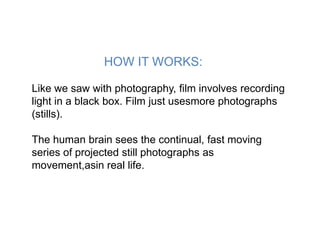 HOW IT WORKS:

Like we saw with photography, film involves recording
light in a black box. Film just usesmore photographs
...