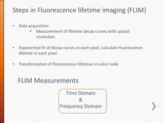 FLIM Measurements
Time Domain
&
Frequency Domain
Steps in Fluorescence lifetime imaging (FLIM)
• Data acquisition
 Measurement of lifetime decay curves with spatial
resolution
• Exponential fit of decay curves in each pixel, calculate fluorescence
lifetime in each pixel
• Transformation of fluorescence lifetimes in color code
6
 