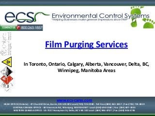 Film Purging Services
In Toronto, Ontario, Calgary, Alberta, Vancouver, Delta, BC,
Winnipeg, Manitoba Areas
1-877-334-7574
HEAD OFFICE (Ontario) - 47 Churchill Drive, Barrie, ON L4N 8Z5
Local:(705) 725-0940 - Toll Free:(800) 263-1857 | Fax:(705) 725-8819
www.ecs-cares.com
HEAD OFFICE (Ontario) - 47 Churchill Drive, Barrie, ON L4N 8Z5 Local:(705) 725-0940 - Toll Free:(800) 263-1857 | Fax:(705) 725-8819
CENTRAL CANADA OFFICE: - 60 Stevenson Rd, Winnipeg, MB R3H 0W7 Local:(204) 694-5360 | Fax: (204) 697-1933
WESTERN CANADA OFFICE - 19-7157 Honeyman St, Delta, BC V4G 1E2 Local: (604) 946-4707 | Fax: (604) 946-4745
 
