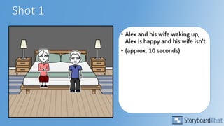 Shot 1
• Alex and his wife waking up,
Alex is happy and his wife isn't.
• (approx. 10 seconds)
 