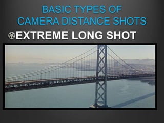 BASIC TYPES OF
CAMERA DISTANCE SHOTS
EXTREME LONG SHOT
The camera is perceived to be
a great distance from the
subject
Often also called an
“establishing” shot
 