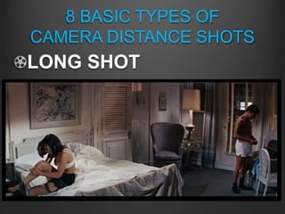 8 BASIC TYPES OF
CAMERA DISTANCE SHOTS
LONG SHOT
Typically when the camera is
perceived to be far away
enough so an entire human
body is visible in the frame and
in which some portion of the
setting is apparent
 