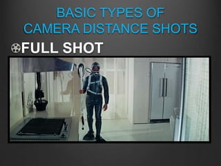 BASIC TYPES OF
CAMERA DISTANCE SHOTS
FULL SHOT
Typically when the camera is
perceived to be at a distance
where an entire human body
nearly fills the frame from top
to bottom
 