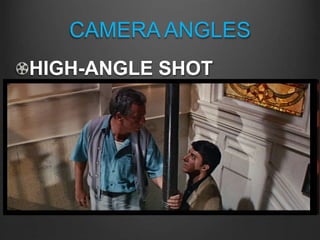 CAMERA ANGLES
HIGH-ANGLE SHOT
The camera is shooting down
from a HIGH point; tends to
diminish the stature of the
subject and create an impression
of superiority on the part of the
viewer
 