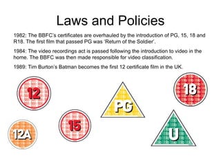 Laws and Policies 1982: The BBFC’s certificates are overhauled by the introduction of PG, 15, 18 and R18. The first film that passed PG was ‘Return of the Soldier’.  1984: The video recordings act is passed following the introduction to video in the home. The BBFC was then made responsible for video classification.  1989: Tim Burton’s Batman becomes the first 12 certificate film in the UK. 