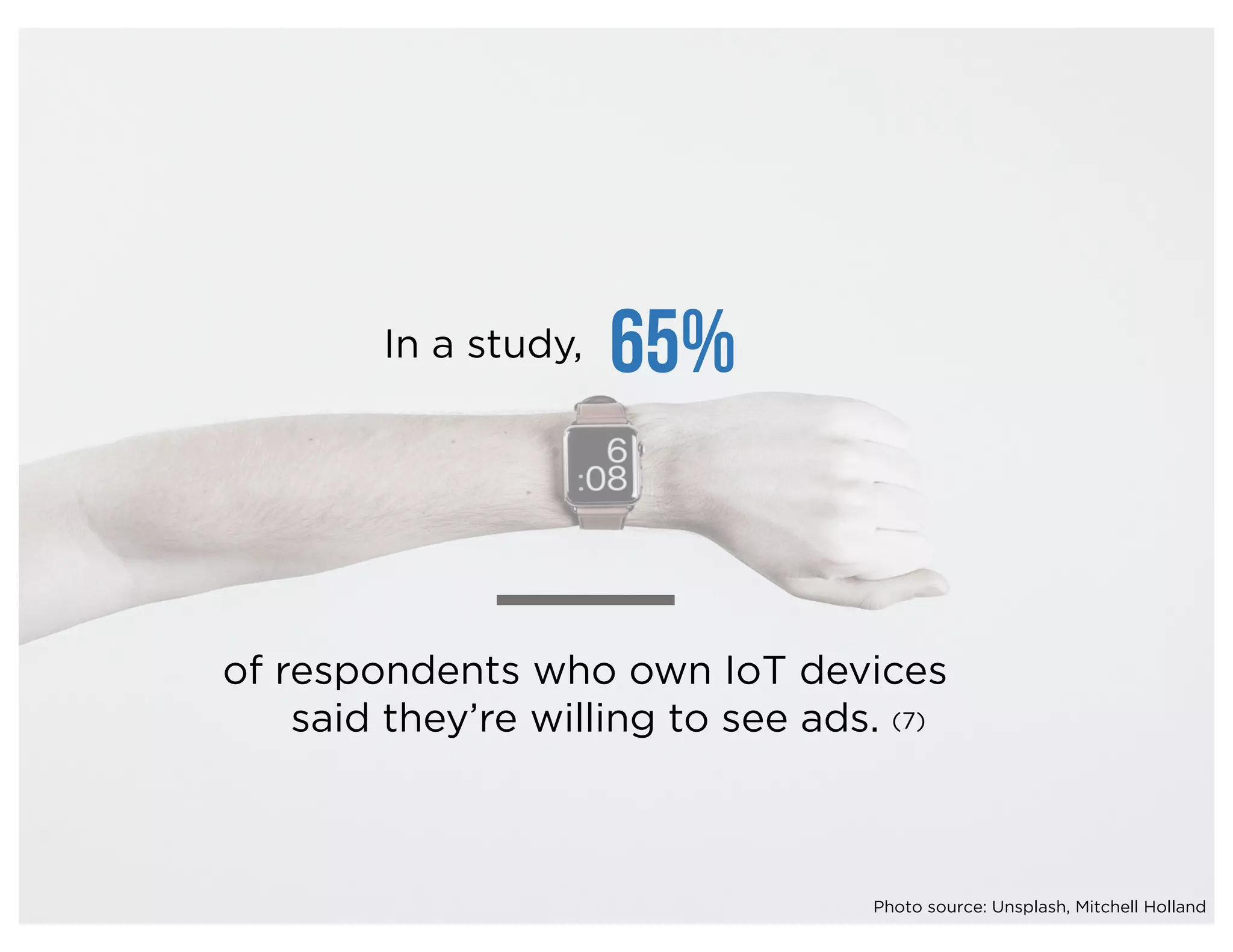 In a study,
of respondents who own IoT devices
said they’re willing to see ads.
65%
(7)
Photo source: Unsplash, Mitchell Holland
 