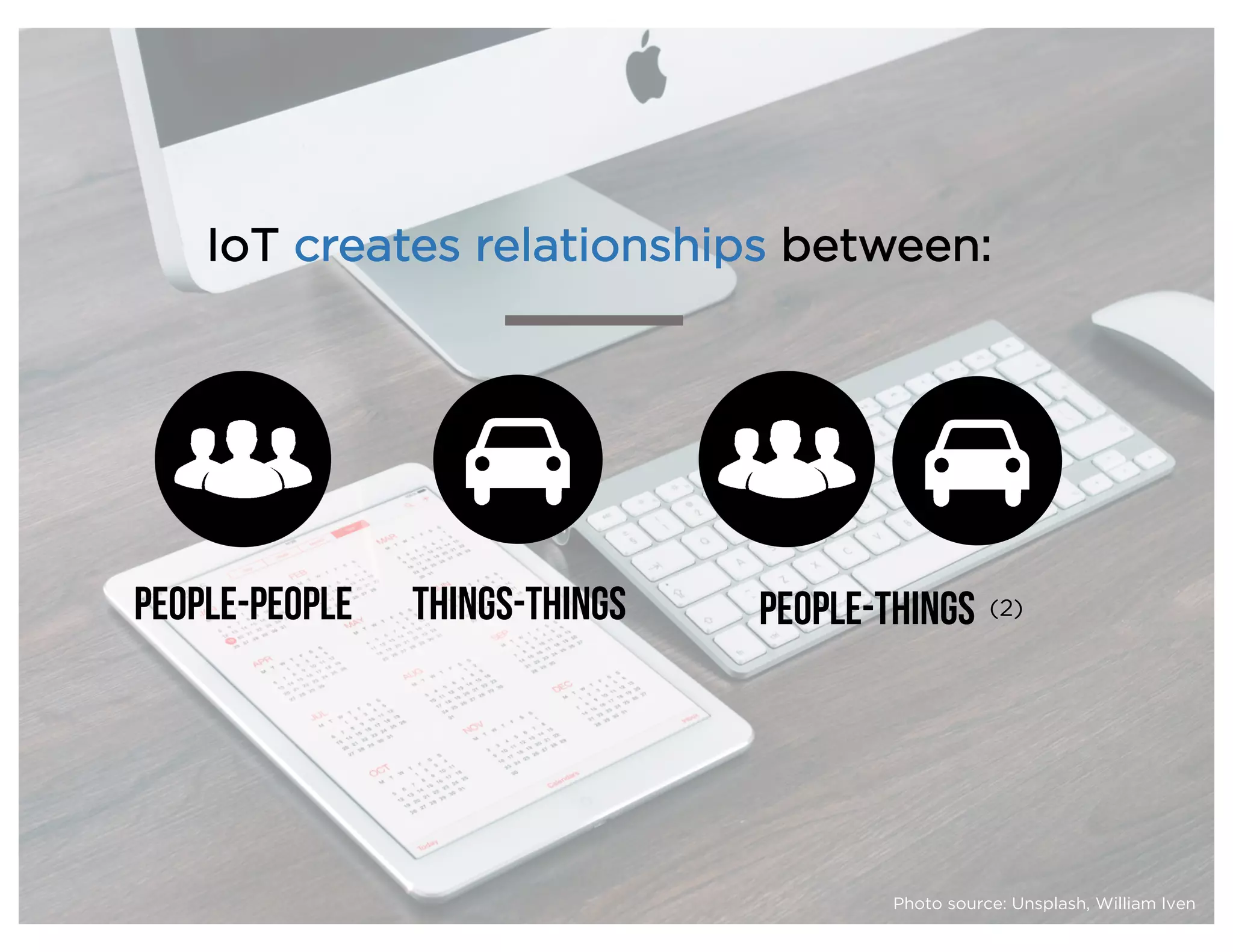 IoT creates relationships between:
People-people THINGS-THINGS People-things (2)
Photo source: Unsplash, William Iven
 