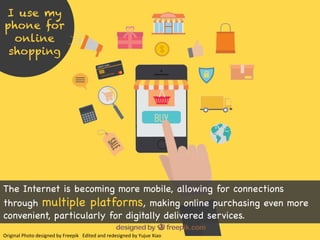 I use my
phone for
online
shopping
The Internet is becoming more mobile, allowing for connections
through multiple platforms, making online purchasing even more
convenient, particularly for digitally delivered services. (9)
Original	Photo	designed	by	Freepik			Edited	and	redesigned	by	Yujue	Xiao	
 