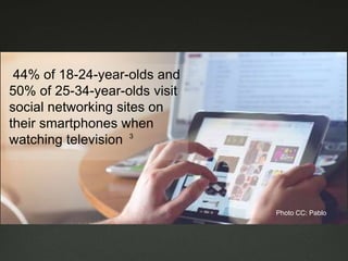 44% of 18-24-year-olds and
50% of 25-34-year-olds visit
social networking sites on
their smartphones when
watching television 3
Photo CC: Pablo
 