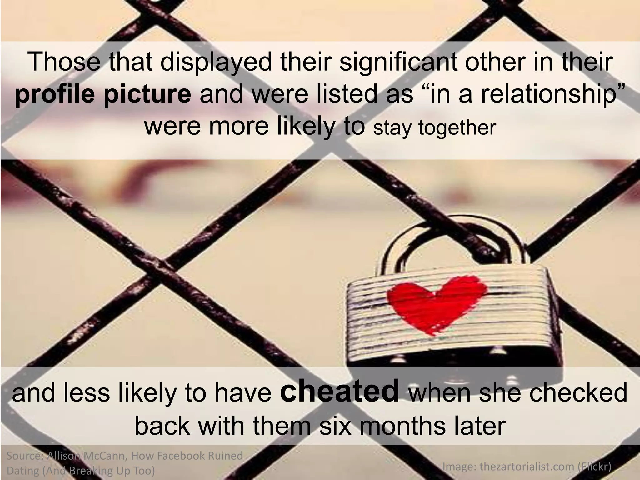 Those that displayed their significant other in their
profile picture and were listed as “in a relationship”
were more likely to stay together
and less likely to have cheated when she checked
back with them six months later
Image: thezartorialist.com (Flickr)
Source: Allison McCann, How Facebook Ruined
Dating (And Breaking Up Too)
 