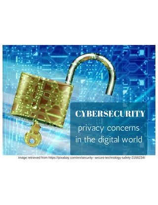 privacy  concerns  
in  the  digital  world
CYBERSECURITY
image  retrieved  from  https://pixabay.com/en/security-­  secure-­technology-­safety-­2168234/
 