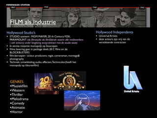 VERENIGDE STATEN
   1865                           1930                                  1940                                 1945




    FILM als industrie
Hollywood Studio’s                                                         Hollywood Independents
• STUDIO systeem : MGM MAYER, 20 th Century FOX,                           • Universal Artists
    PARAMOUNT (de ﬁlmstudio als ﬁlmfabriek waarin alle medewerkers         • deze acteurs zijn vrij van de
    ( ook acteurs) onder langdurig wurg-contract met de studio staat)          verstikkende contracten
•   In eerste instantie monopoly op bioscopen
•   Films levering gaat in package deals (B C ﬁlms en de
    BLOCKBUSTERS
•   ﬁlm-beroepen : acteur, producent, regie, cameraman, montage&
    photography
•   Techniek: ontwikkeling audio, effecten, Technicolor(heeft het
    monopoly op kleurenﬁlm)




    GENRES:
    •Muziekﬁlm
    •Western
    •Thriller
    •Melodrama
    •Comedy
    •Animatie
    •Horror
 