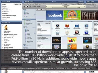 source: Matthew Oliphant - flickr




                “The number of downloaded apps is expected to in-
            crease from 10.9 billion worldwide in 2010 to more than
            76.9 billion in 2014. In addition, worldwide mobile apps
            revenues will experience similar growth, surpassing $35
                                                      billion in 2014”
source: 10.9 billion mobile apps downloaded in 2010, expected to rise to 76.9 billion in 2014 - Mobile Marketing Watch
 