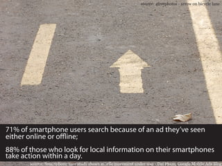 source: 4freephotos - arrow on bicycle lane




71% of smartphone users search because of an ad they’ve seen
either online or offline;
88% of those who look for local information on their smartphones
take action within a day.
       source: Smartphone user study shows movile movement under way - Dai Pham, Google Mobile Ads Blog
 