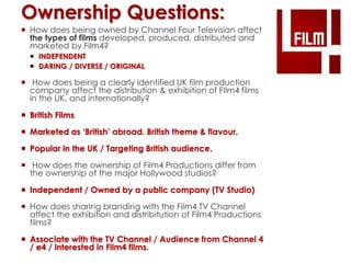 Ownership Questions: 
 How does being owned by Channel Four Television affect 
the types of films developed, produced, distributed and 
marketed by Film4? 
 INDEPENDENT 
 DARING / DIVERSE / ORIGINAL 
 How does being a clearly identified UK film production 
company affect the distribution & exhibition of FIlm4 films 
in the UK, and internationally? 
 British Films 
 Marketed as ‘British’ abroad. British theme & flavour. 
 Popular in the UK / Targeting British audience. 
 How does the ownership of Film4 Productions differ from 
the ownership of the major Hollywood studios? 
 Independent / Owned by a public company (TV Studio) 
 How does sharing branding with the Film4 TV Channel 
affect the exhibition and distribitution of Film4 Productions 
films? 
 Associate with the TV Channel / Audience from Channel 4 
/ e4 / interested in Film4 films. 
 