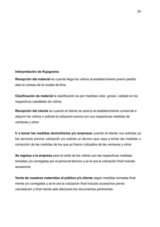24
Interpretación de flujograma
Recepción del material es cuando llega los vidrios al establecimiento previo pedido
alas en presas de la ciudad de lima
Clasificación de material la clasificación es por medidas color, grosor, calidad en los
respectivos caballetes de vidrios
Recepción del cliente es cuando el cliente se acerca al establecimiento comercial a
adquirir los vidrios o solicita la cotización previa con sus respectivas medidas de
ventanas y otros
Ir a tomar las medidas domiciliarias y/o empresas cuando el cliente nos solicitas ya
los servicios previos cotización y/o solicita un técnico que vaya a tomar las medidas o
corrección de las medidas de los que ya fueron cotizados de las ventanas y otros
Se regresa a la empresa para el corté de los vidrios con las respectivas medidas
tomadas y/o corregidas por el personal técnico y se le ara la cotización final incluido
accesorios
Venta de nuestros materiales al público y/o cliente según medidas tomadas final
mente y/o corregidas y se le ara la cotización final incluido accesorios previa
cancelación y final mente sele efectuara los documentos pertinentes
 