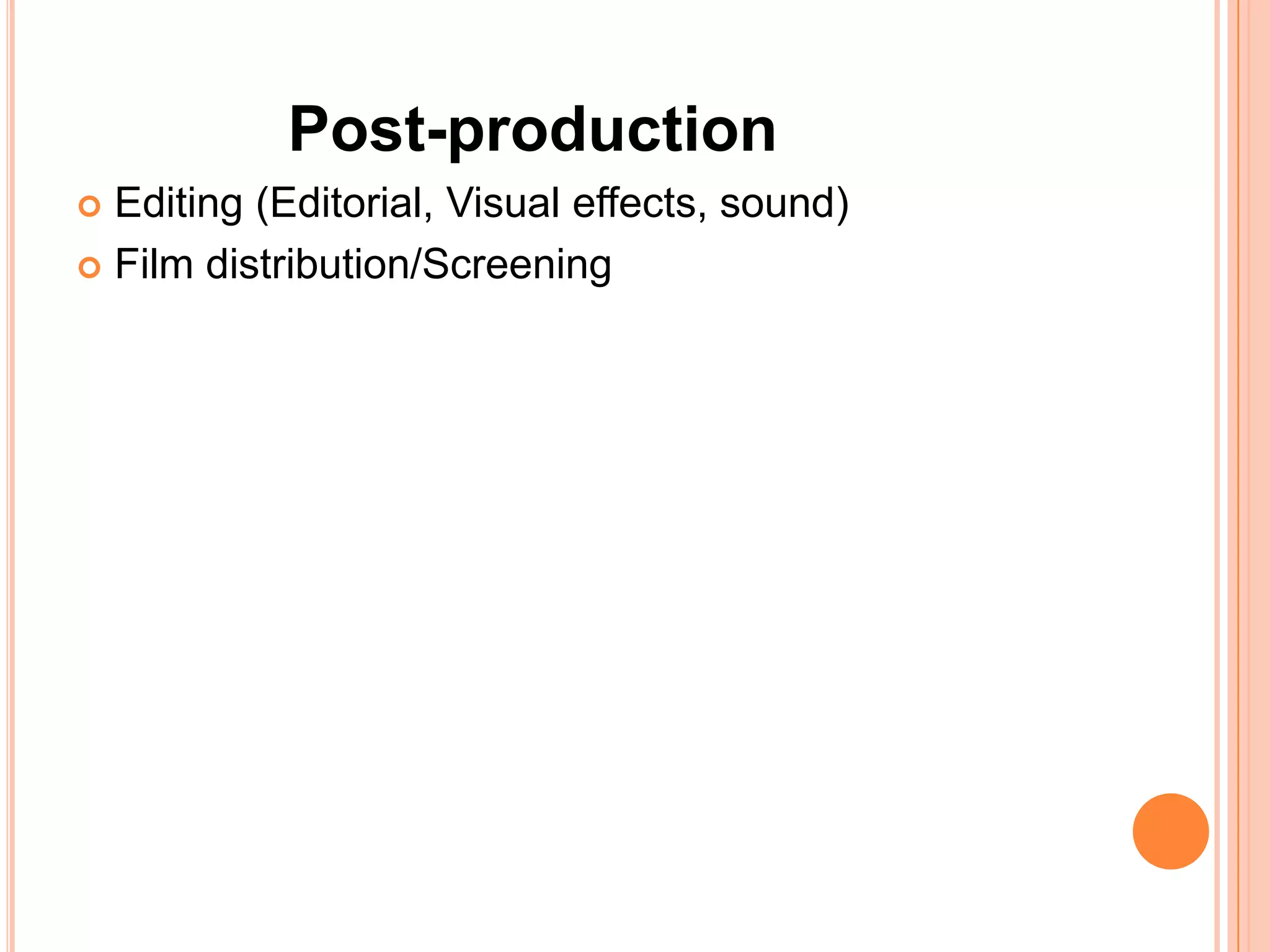 Post-production
 Editing (Editorial, Visual effects, sound)
 Film distribution/Screening
 