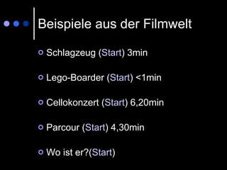 Beispiele aus der Filmwelt Schlagzeug ( Start ) 3min Lego-Boarder ( Start ) <1min Cellokonzert ( Start ) 6,20min Parcour ( Start ) 4,30min Wo ist er?( Start )‏ 