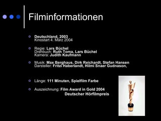 Filminformationen Deutschland, 2003 Kinostart 4. März 2004 Regie:  Lars Büchel Drehbuch:  Ruth Toma, Lars Büchel Kamera:  Judith Kaufmann Musik:  Max Berghaus, Dirk Reichardt, Stefan Hansen Darsteller:  Fritzi Haberlandt, Hilmi Snaer Gudnason,  Länge:  111 Minuten, Spielfilm Farbe Auszeichnung:  Film Award in Gold 2004 Deutscher Hörfilmpreis 