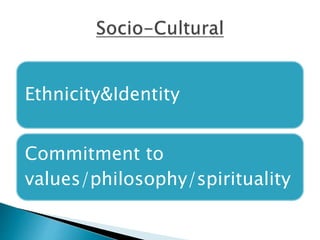 Ethnicity&Identity
Commitment to
values/philosophy/spirituality
 