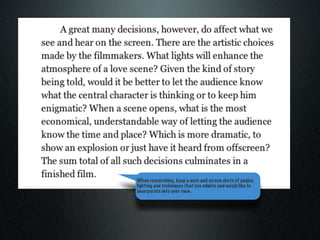 When researching, keep a note and screen shots of angles,
lighting and techniques that you admire and would like to
incorporate into your own.
 