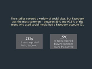 The studies covered a variety of social sites, but Facebook
was the most common – between 89% and 97.5% of the
teens who used social media had a Facebook account [2].
23%
of teens reported
being targeted
15%
of teens reported
bullying someone
online themselves.
 