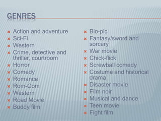 GENRES
 Action and adventure
 Sci-Fi
 Western
 Crime, detective and
thriller, courtroom
 Horror
 Comedy
 Romance
 Rom-Com
 Western
 Road Movie
 Buddy film
 Bio-pic
 Fantasy/sword and
sorcery
 War movie
 Chick-flick
 Screwball comedy
 Costume and historical
drama
 Disaster movie
 Film noir
 Musical and dance
 Teen movie
 Fight film
 