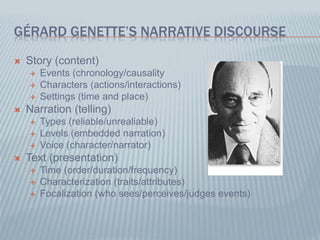 GÉRARD GENETTE’S NARRATIVE DISCOURSE
 Story (content)
 Events (chronology/causality
 Characters (actions/interactions)
 Settings (time and place)
 Narration (telling)
 Types (reliable/unrealiable)
 Levels (embedded narration)
 Voice (character/narrator)
 Text (presentation)
 Time (order/duration/frequency)
 Characterization (traits/attributes)
 Focalization (who sees/perceives/judges events)
 