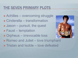 THE SEVEN PRIMARY PLOTS
 Achilles – overcoming struggle
 Cinderella – transformation
 Jason – pursuit, the quest
 Faust – temptation
 Orpheus – irrevocable loss
 Romeo and Juliet – love triumphant
 Tristan and Isolde – love defeated
 