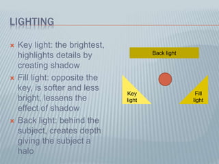LIGHTING
 Key light: the brightest,
highlights details by
creating shadow
 Fill light: opposite the
key, is softer and less
bright, lessens the
effect of shadow
 Back light: behind the
subject, creates depth
giving the subject a
halo
Key
light
Fill
light
Back light
 
