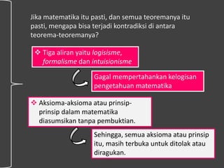 Jika matematika itu pasti, dan semua teoremanya itu
pasti, mengapa bisa terjadi kontradiksi di antara
teorema-teoremanya?
 Tiga aliran yaitu logisisme,
formalisme dan intuisionisme
Gagal mempertahankan kelogisan
pengetahuan matematika
 Aksioma-aksioma atau prinsip-
prinsip dalam matematika
diasumsikan tanpa pembuktian.
Sehingga, semua aksioma atau prinsip
itu, masih terbuka untuk ditolak atau
diragukan.
 