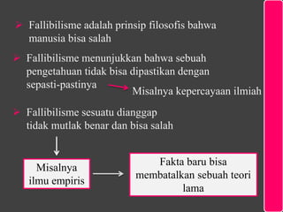  Fallibilisme adalah prinsip filosofis bahwa
manusia bisa salah
 Fallibilisme menunjukkan bahwa sebuah
pengetahuan tidak bisa dipastikan dengan
sepasti-pastinya
Misalnya kepercayaan ilmiah
Misalnya
ilmu empiris
Fakta baru bisa
membatalkan sebuah teori
lama
 Fallibilisme sesuatu dianggap
tidak mutlak benar dan bisa salah
 